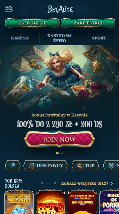 BetAlice Casino Online w telefonie BetAlice Casino Online w telefonie – mobilna strona z banerem bonusu i kategoriami gier