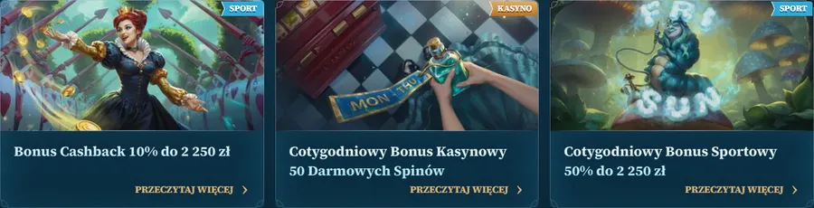 Promocje i sport w BetAlice Casino BetAlice Casino – karty promocji: Bonus Cashback 10% do 2 250 zł, Cotygodniowy Bonus Kasynowy 50 darmowych spinów i Cotygodniowy Bonus Sportowy